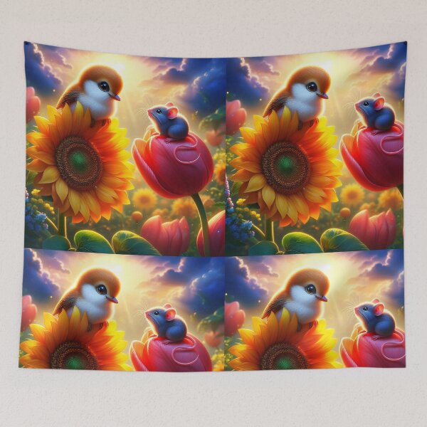 Item preview, Floral Meetup – Cute Mouse on Tulip Talking with Sparrow on Sunflower designed and sold by EmeraldeaArt.