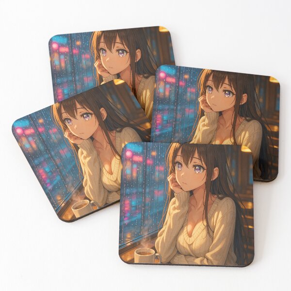 Item preview, Kawaii Anime Coffee Girl Pondering designed and sold by dewaaliverse.