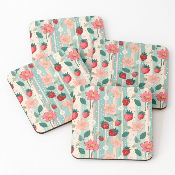 Item preview, Vintage vertical floral bands with red strawberries and pink flowers seamless pattern design  designed and sold by Clara Fruggeri.
