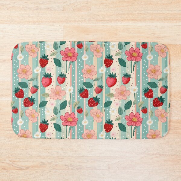 Item preview, Vintage vertical floral bands with red strawberries and pink flowers seamless pattern design  designed and sold by Clara Fruggeri.