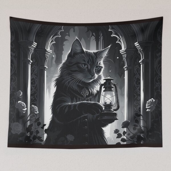 Item preview, Gothic Cat With Lantern – Dark Fantasy Monochrome Art designed and sold by LEO'S CREATURE　れおずくりーちゃー.