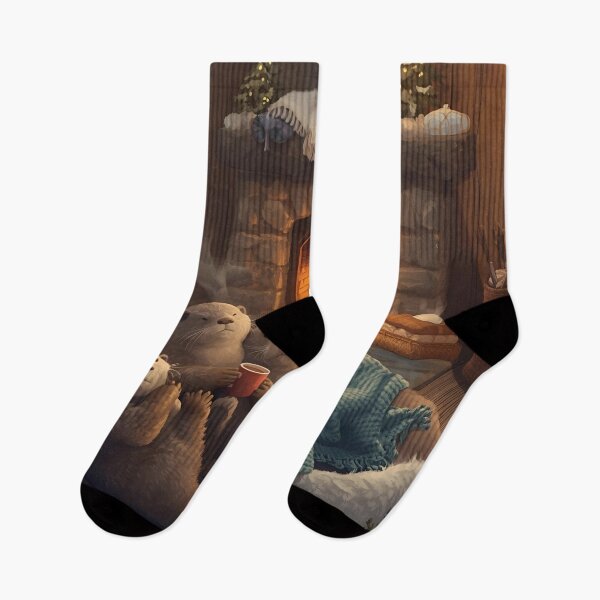 Item preview, Otter Family Snuggling by the Fireplace in a Winter Cabin designed and sold by WildlifeWhimsy.