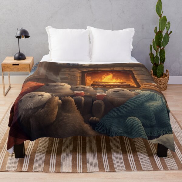 Item preview, Otter Family Snuggling by the Fireplace in a Winter Cabin designed and sold by WildlifeWhimsy.