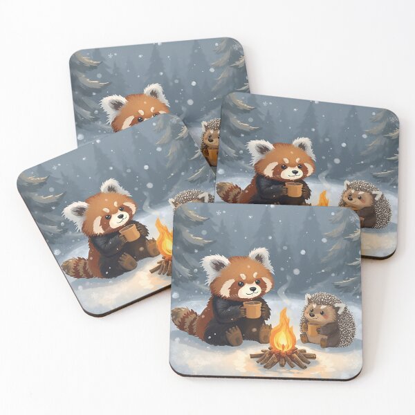 Item preview, Red Panda and Hedgehog Sharing Cocoa by the Fire designed and sold by WildlifeWhimsy.