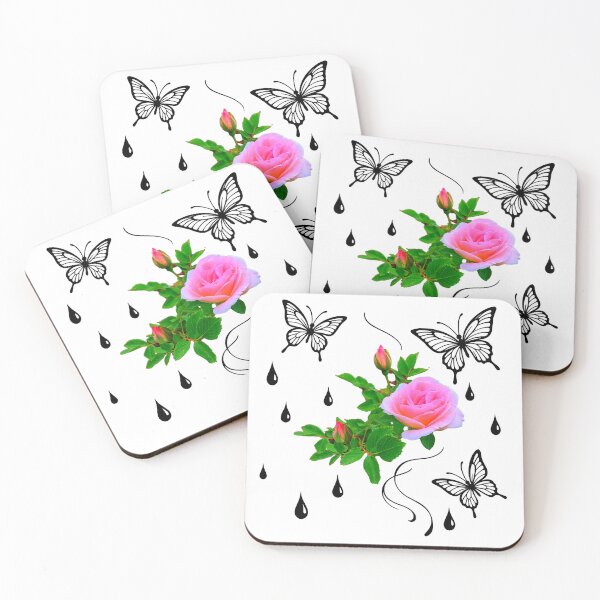 Item preview, Pink Rose With Butterflies & Dew Drops Shapes Mania designed and sold by Shapes-Mania.
