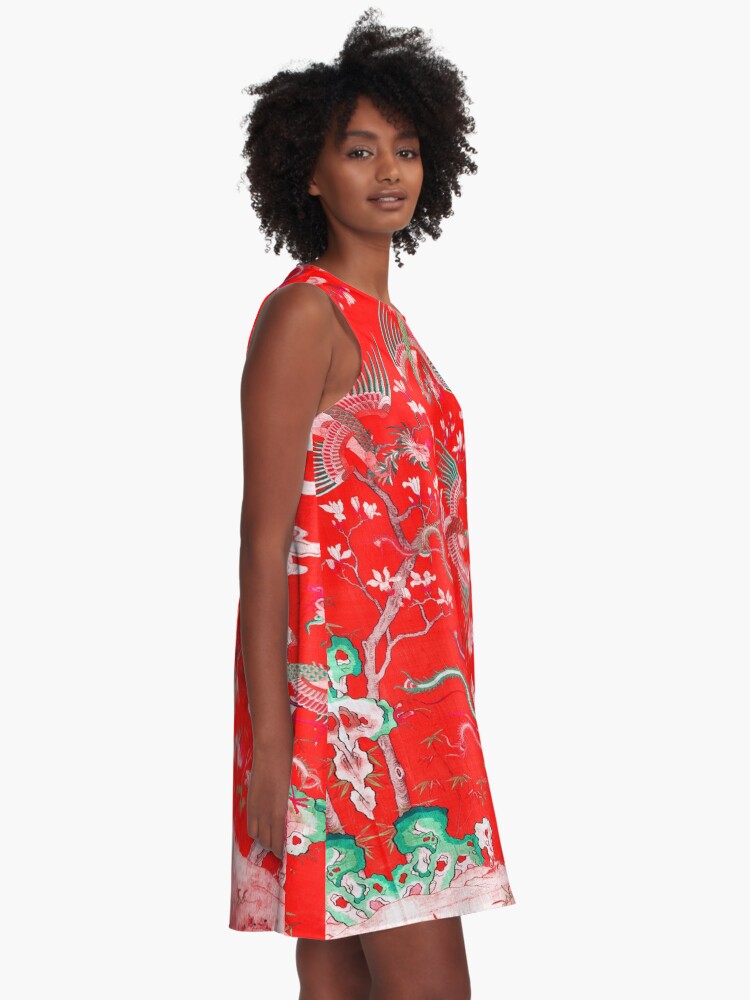 Alternate view of Five Phoenixes in The Garden ,Chinese Imperial Bright Red Floral Tapestry A-Line Dress