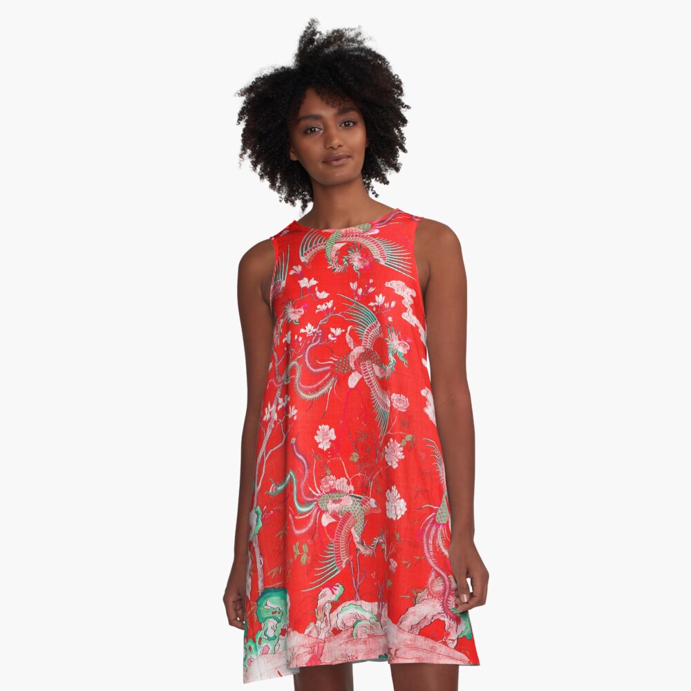 Five Phoenixes in The Garden ,Chinese Imperial Bright Red Floral Tapestry A-Line Dress