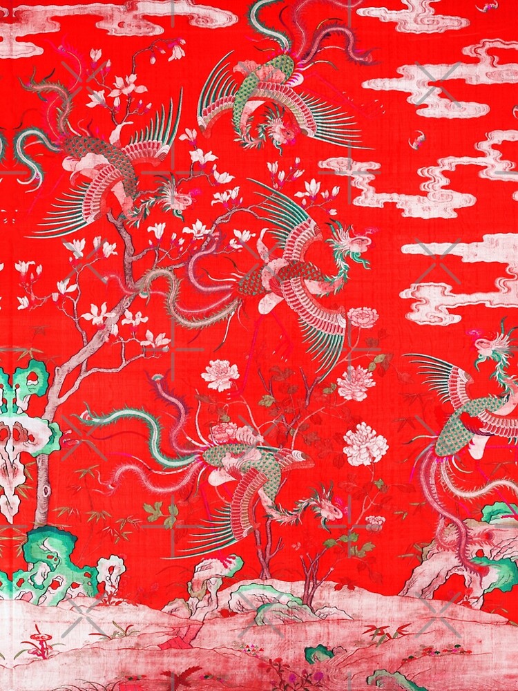 Five Phoenixes in The Garden ,Chinese Imperial Bright Red Floral Tapestry by BulganLumini