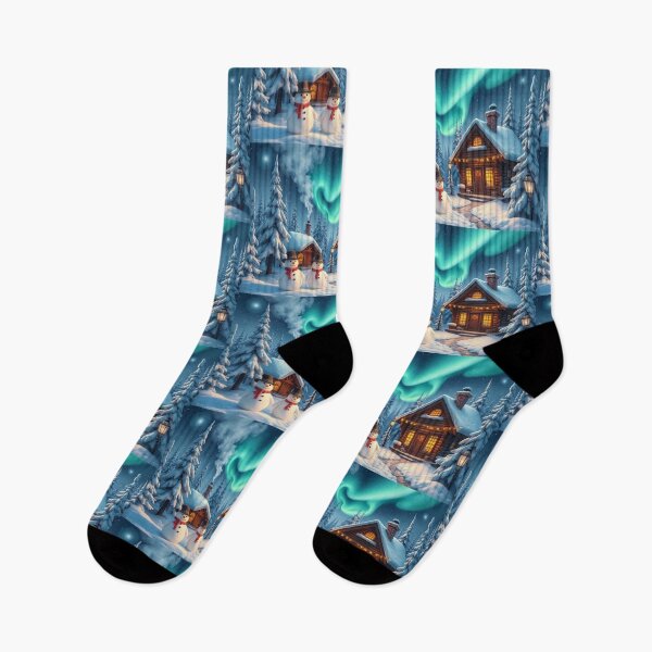 Item preview, Aurora Glow Over Cozy Cabins; winter wonderland  designed and sold by Mindful56.