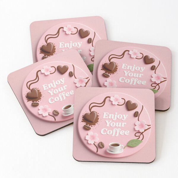 Item preview, Romantic pink coffee coaster with hearts flowers beans and latte cup for Valentine themed design designed and sold by Mimoshi ⭐⭐⭐⭐⭐.