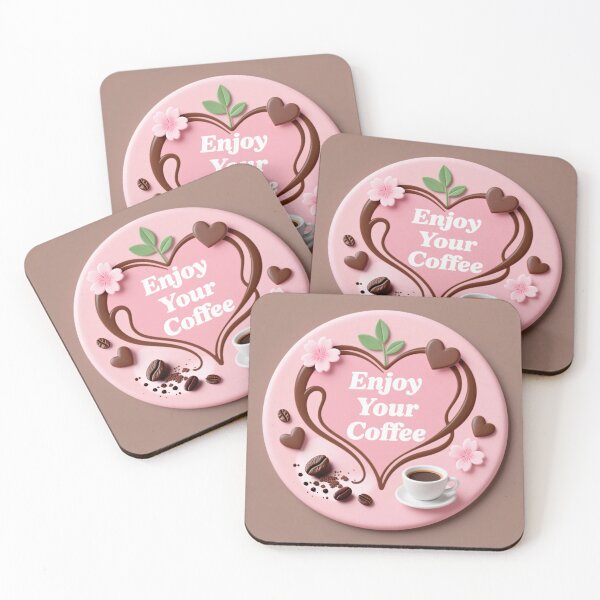 Item preview, Pink romantic coffee coaster with heart chocolate flowers beans and latte cup for Valentine mood designed and sold by Mimoshi ⭐⭐⭐⭐⭐.