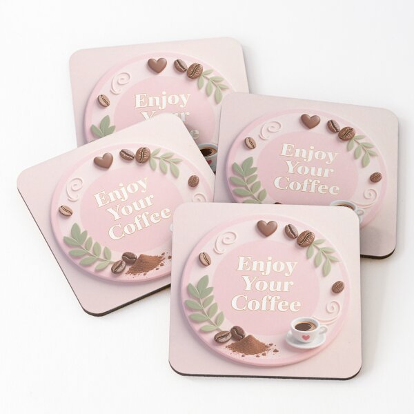Item preview, Pink coffee coaster with beans chocolate heart powder leaves and cup in cute soft style designed and sold by Mimoshi ⭐⭐⭐⭐⭐.