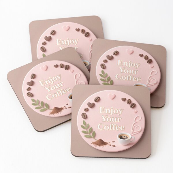 Item preview, Pink coffee coaster with beans hearts powder leaves and warm cup in soft cute style designed and sold by Mimoshi ⭐⭐⭐⭐⭐.