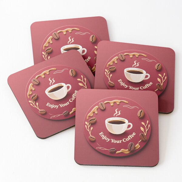 Item preview, Red coffee coaster with beans caramel drips warm cup and decorative elements in cozy style designed and sold by Mimoshi ⭐⭐⭐⭐⭐.
