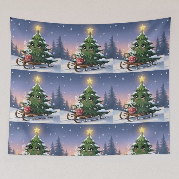Item preview, Whimsical Christmas Tree Character on Sleigh – Cute Festive Winter Illustration with Hot Cocoa designed and sold by PixelVibe782.