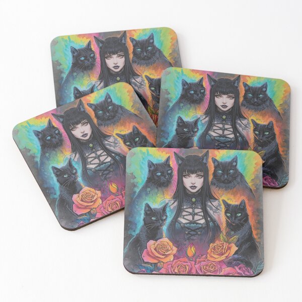 Item preview, Rainbow Watercolor Gothic Witch Roses & Black Cats | Occult Tie-Dye Art designed and sold by Liliths-Closet.