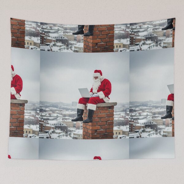 Item preview, Digital Santa on Chimney – Funny Modern Christmas Illustration with Laptop designed and sold by PixelVibe782.