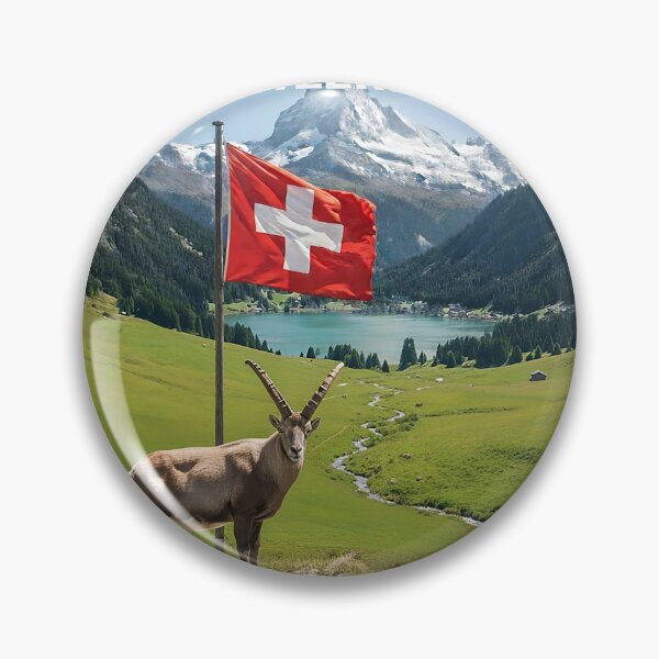Item preview, Majestic Alpine Ibex and Swiss Flag in Mountain Landscape designed and sold by ART-POD-PL.