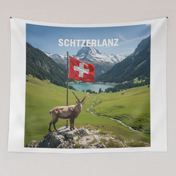 Item preview, Majestic Alpine Ibex and Swiss Flag in Mountain Landscape designed and sold by ART-POD-PL.