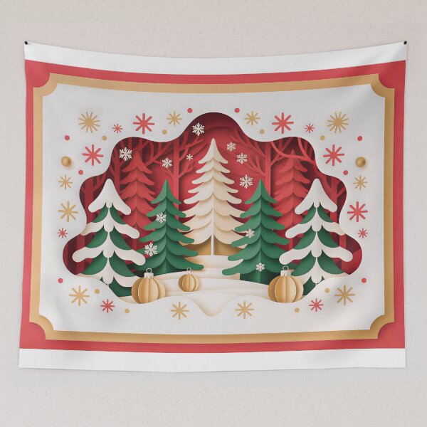 Item preview, Luxury Paper-Cut Christmas Card: Layered Evergreen Forest Design in Red, Green, & Gold designed and sold by ZyxDes.