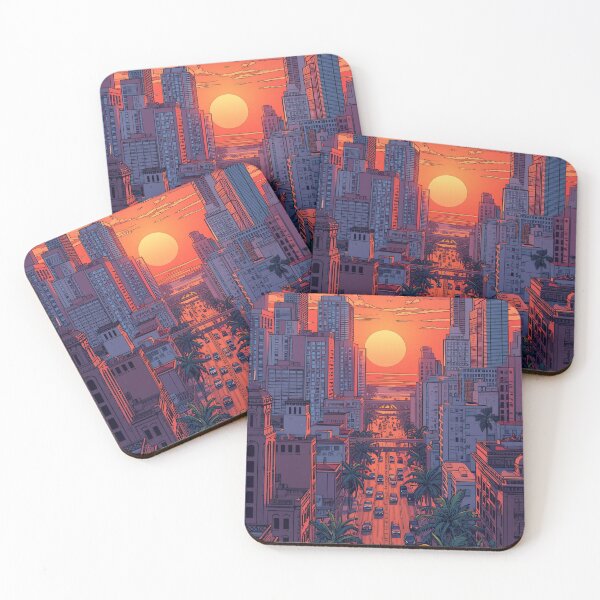 Item preview, “Tropical City Sunset Street – Colorful Urban Skyline” designed and sold by KiraChie.