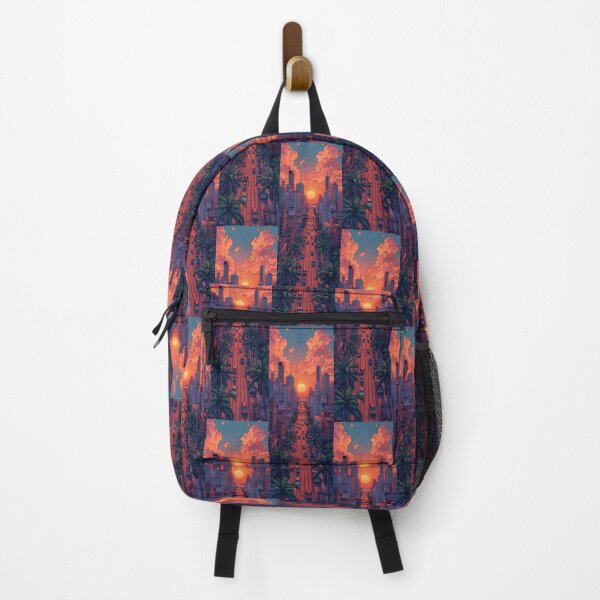 Item preview, “Tropical City Sunset Street – Colorful Urban Skyline” designed and sold by KiraChie.