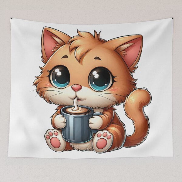 Item preview, Cute Ginger Cat with Coffee Mug – Kawaii Coffee Lover Kitty designed and sold by Lulunza.