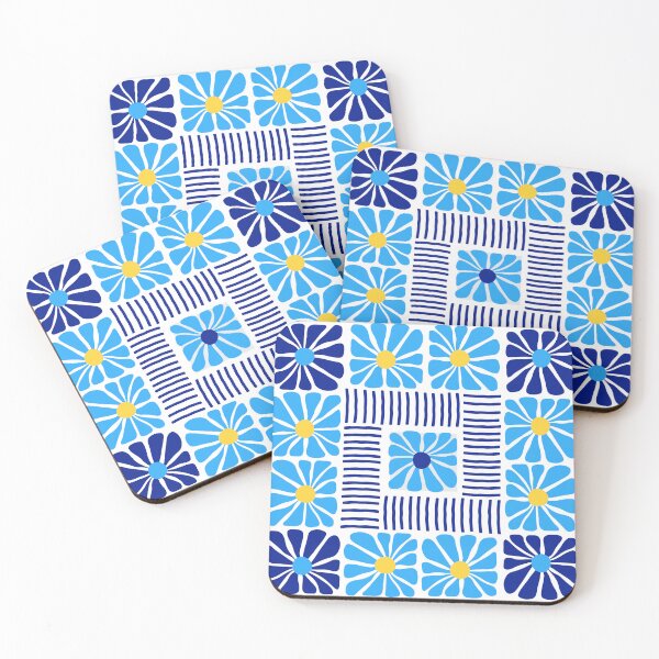 Item preview, Midcentury Modern stripes and flower pattern in Navy Blue Gold designed and sold by nineFlorals.