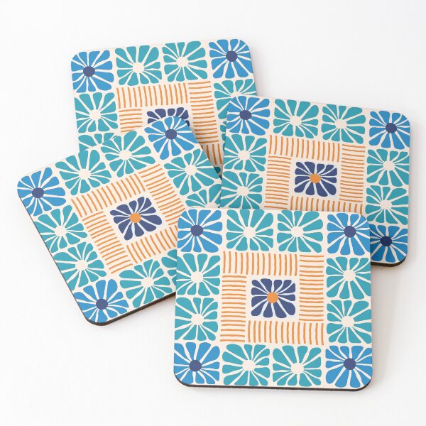 Item preview, Midcentury Modern stripes and flower pattern in Navy Blue Teal Orange designed and sold by nineFlorals.