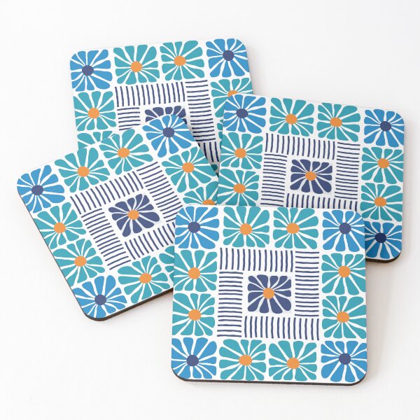 Item preview, Midcentury Modern stripes and flower pattern in Navy Blue Teal Orange 2 designed and sold by nineFlorals.