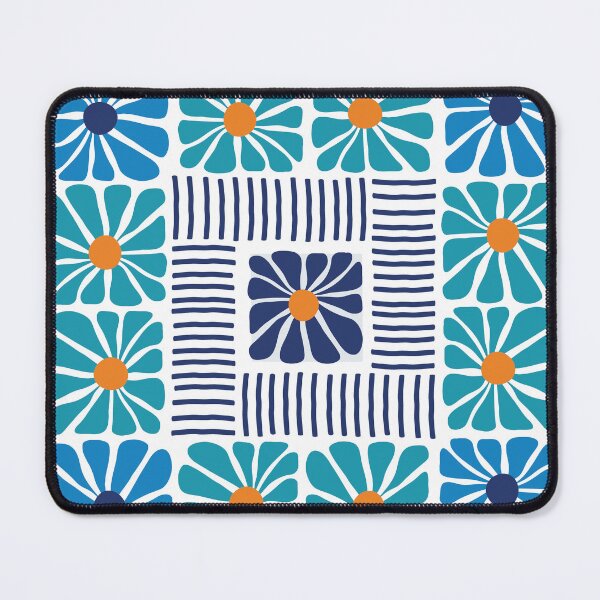 Item preview, Midcentury Modern stripes and flower pattern in Navy Blue Teal Orange 2 designed and sold by nineFlorals.
