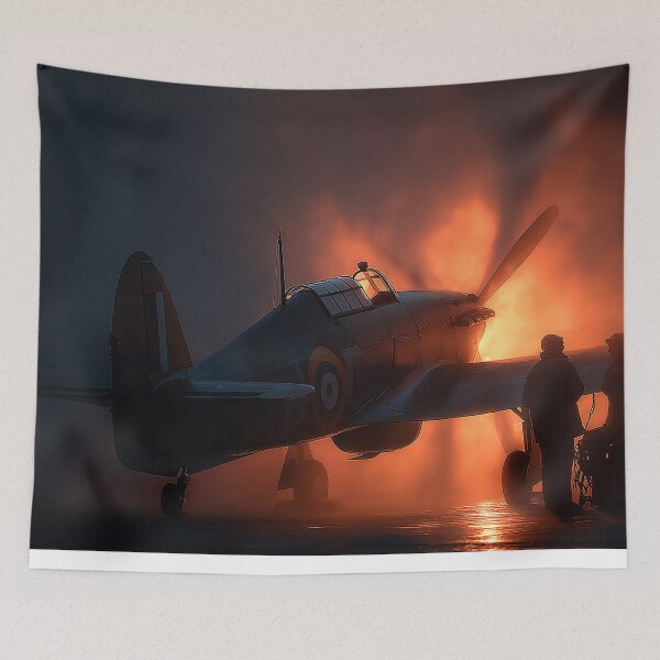 Item preview, British Hurricane Aircraft Under Pre Flight Checks in Early Morning Mist designed and sold by Skyframe Aviation.