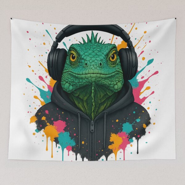 Item preview, Urban Iguana – Green Iguana in Hoodie & Headphones (Graffiti Drip Art) designed and sold by thtCMRAguy.
