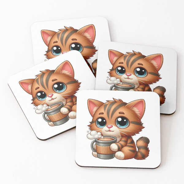 Item preview, Striped Cute Kitten with Hot Coffee – Kawaii Barista Cat designed and sold by Lulunza.