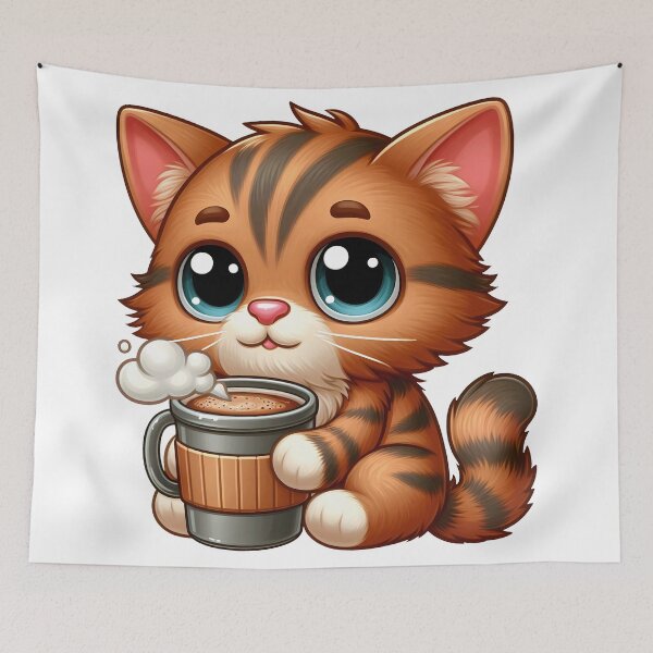 Item preview, Striped Cute Kitten with Hot Coffee – Kawaii Barista Cat designed and sold by Lulunza.