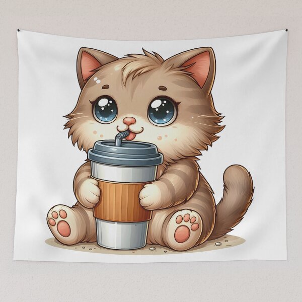 Item preview, Cute Beige Kitten with Iced Coffee Cup – Kawaii Café Cat Art designed and sold by Lulunza.