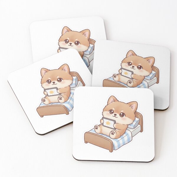 Item preview, Kawaii Pomeranian in Bed with iPad - Cute Lazy Dog Sticker designed and sold by wonderinpixels.
