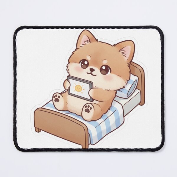 Item preview, Kawaii Pomeranian in Bed with iPad - Cute Lazy Dog Sticker designed and sold by wonderinpixels.