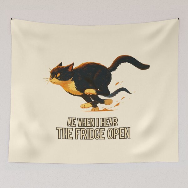 Item preview, Me When I Hear the Fridge Open – Funny Running Cat Meme Art designed and sold by MagicMeow1.
