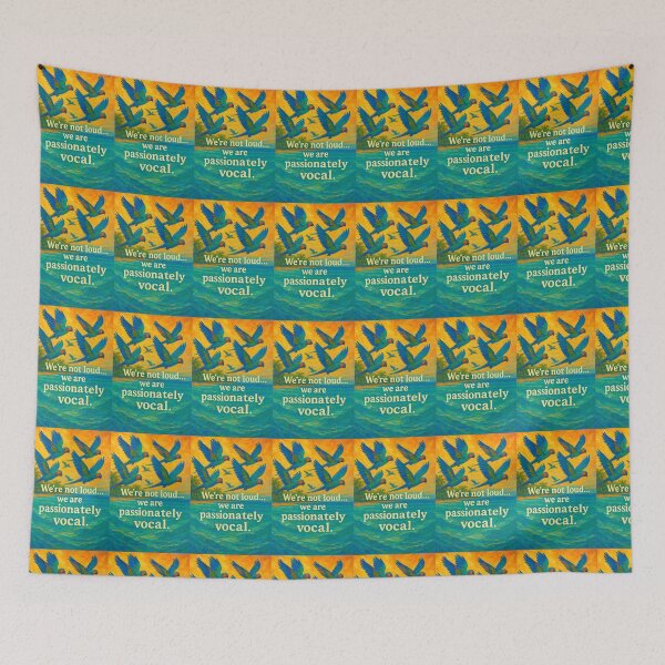 Item preview, Vibrant Tropical Parrot Flock Art – “We’re Not Loud… We’re Passionately Vocal” – Fauvist Ocean Painting designed and sold by WhimsyByPaul.redbubble.com.
