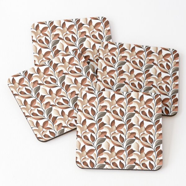 Item preview, The image displays a striking seamless pattern showcasing stylized leaves in shades of brown and beige on a white backdrop, connected by delicate black branches. designed and sold by rujlaphusstudio.