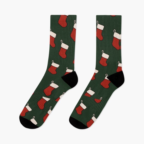 Item preview, Red Christmas Stockings Pattern on Dark Green Background designed and sold by SassyArtistry.