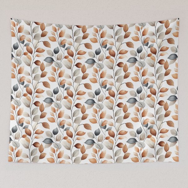 Item preview, The artwork features a pattern of brown, beige, and gray leaves on thin stems against a bright white backdrop, showcasing a clean botanical aesthetic. designed and sold by rujlaphusstudio.