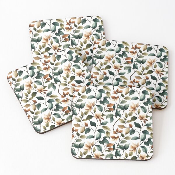 Item preview, The image displays a seamless pattern featuring artful botanical elements with stylized leaves and blossoms in a palette of muted earth tones against a clean white backdrop. designed and sold by rujlaphusstudio.