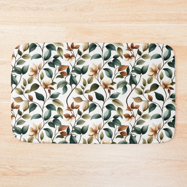 Item preview, The image displays a seamless pattern featuring artful botanical elements with stylized leaves and blossoms in a palette of muted earth tones against a clean white backdrop. designed and sold by rujlaphusstudio.