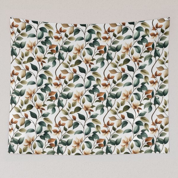 Item preview, The image displays a seamless pattern featuring artful botanical elements with stylized leaves and blossoms in a palette of muted earth tones against a clean white backdrop. designed and sold by rujlaphusstudio.