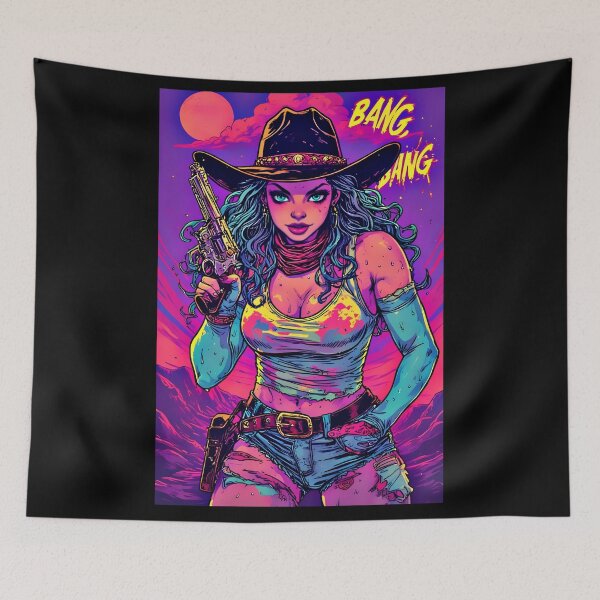 Item preview, Bang Bang Neon Outlaw Cowgirl – Retro Comic Psychedelic Pop designed and sold by Neer arts.