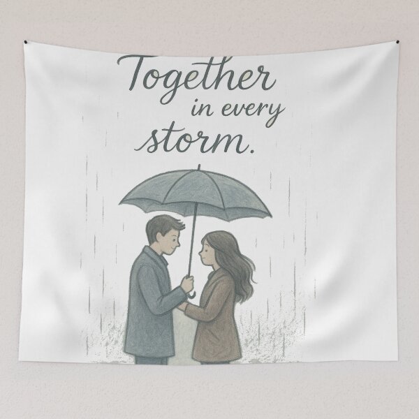 Item preview, Together in Every Storm – Romantic Couple Under Umbrella Illustration designed and sold by Wizdem Artworkz.