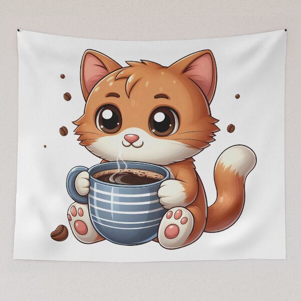 Item preview, Cute Orange Cat with Coffee Mug – Kawaii Kitten Coffee Lover Art designed and sold by Lulunza.