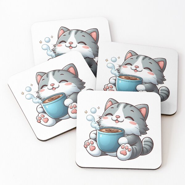 Item preview, Happy Grey Cat with Hot Coffee – Cute Kawaii Kitten Cafe Art designed and sold by Lulunza.